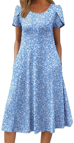 Women Summer Dresses Elegant Short Sleeve Midi Dress Crew Neck Ladies Dress | Casual Swing Dress with Pockets Beach Dress S-XXL