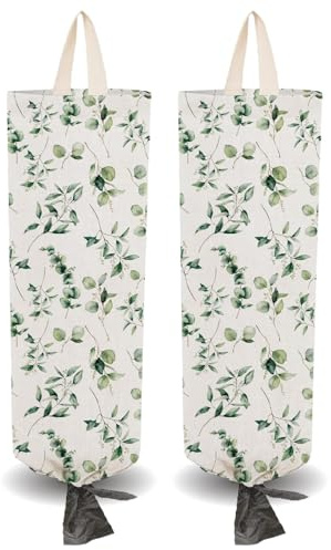 PRESSINART 2Pcs Cloth Plastic Bag Holder Grocery Bag Holder Rustic with 4Pcs Adhesive Hooks Eucalyptus Leaves Polyester Reusable Wall Mount Storage Organizers for Home Kitchen Pantry Car Decoration