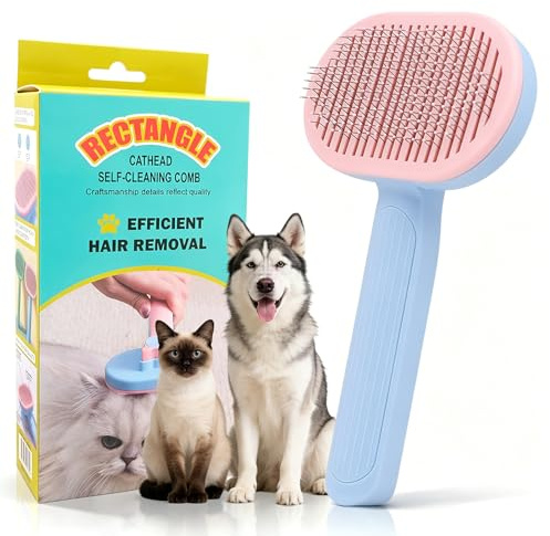 OVBOVA Cepillo autolimpiante para Perros y Gatos, Set de 2 cepillos con púas Extra largas, Elimina subpelo, Nudos y enredos, Cepillo para Mascotas de Pelo Corto y Largo, Rosa-Azul