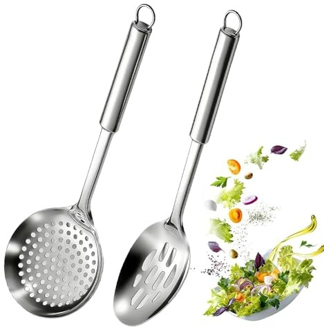 Cucharas escurridoras para cocinar | Utensilio tamiz para aceite de mango largo | 2 piezas espumadera de metal para sopa | Para verduras, carnes, pastas, fideos, alimentos calientes, servir, freír en