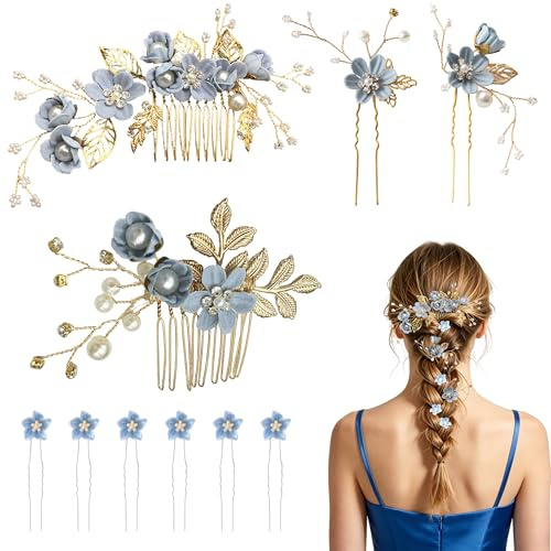 PYSEOSISE 10 Pièces Accessoires Cheveux Mariage, Épingles à Cheveux en Forme de Fleur Bleues et Épingles en U, Accessoires pour Cheveux de Mariage pour Mariées et Demoiselles d'Honneur