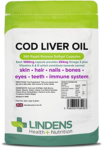 Lindens - Cod Liver Oil 1000mg, 360 Capsules, One a Day - UK Made - Omega 3, Vitamins A & D - Skin, Hair, Nails, Bones, Eyes, Teeth, Brain & Immune System