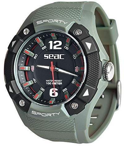 SEAC Sporty Reloj Agua asta 100 MT, Caja en Acero Inoxidable, resistiente Correa en Goma, Unisex-Adult, Verde, estándar