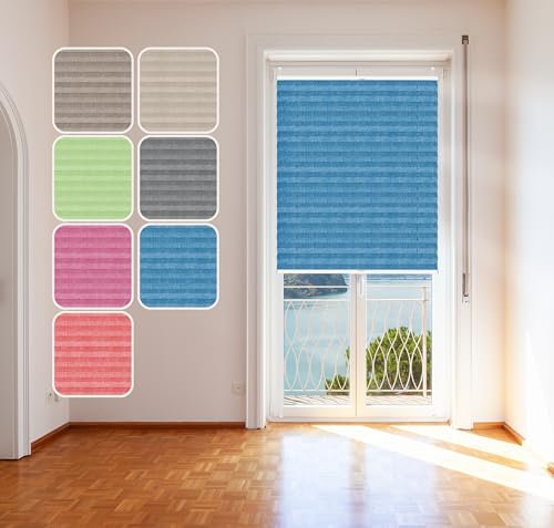 Plissee Blau 90x120cm mit Alu-Profil, Stoff in Jeans-Optik, KlemmFix Halterung ohne Bohren, Melange