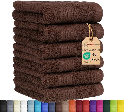 BaSaTex - 6er Pack Handtuch Set für Gäste - Handtücher mit Aufhängeschlaufe aus weicher Baumwolle in 30x50 cm - Gästetücher für die Händereinigung Öko-Tex Standard 100 Zertifiziert - Schoko