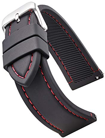 STUNNING SELECTION Soft and smooth sporty stitched silicone waterproof watch band with quick release - Soft rubber black watch strap 22mm - red stitching