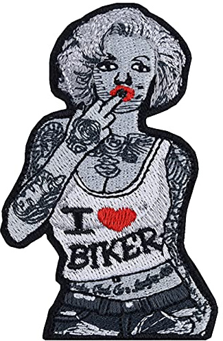 Toppa ricamata da applicare con ferro o cucitura: Marilyn Monroe - I Love Biker | Patch/Patch ricamato con dito medio Fuck | Applique Biker girl per cucire/stirare | 55x85mm