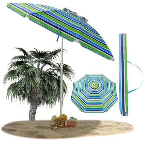 RELAX4LIFE Parasol de Plage Inclinable Ø200 cm | Protection Solaire UPF 50+ Ancre à Sable Intégrée, Mât en Alu et 8 Baleines en Fibre de Verre, Facile à Ranger pour Cour, Patio, Piscine,Bleu-Vert
