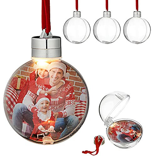 WOP ART Christbaumkugel mit/ohne LED Licht | Fotokugel Clear Christmas | schmücken Sie die Kugel mit ihrem Lieblingsfoto | DIY (4er Set mit Licht)