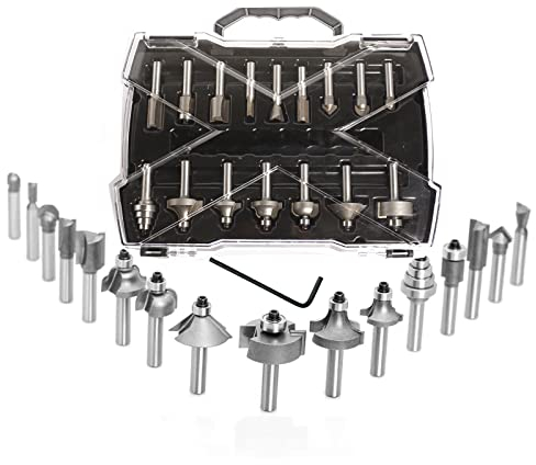 Sinoprotools 20-tlg Oberfräse Fräser Set Hartmetall, 8mm Schaft, 15 Profi Fräser-Bit, mit 4-teilig Lager-Set und Innensechskantschlüssel, für DIY Elektro Oberfräsen Einbohren Holzbearbeitung