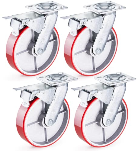 GBL Ruote per Mobili con 4 Freni - 4 Rotelle Antigraffio da 200 mm Portata Max 1520 kg - Ruote per Carrello Pivotanti - Ruote Girevoli per Carichi Pesanti - Ruote Rosse