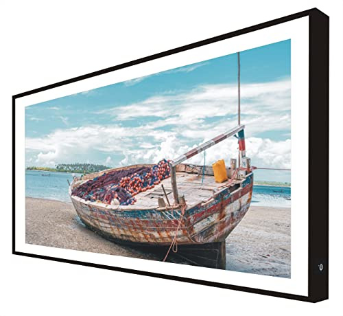 CCRETROILUMINADOS Bild mit Holzrahmen, schwarz lackiert, mit LED-Licht, Alte Boot am Strand