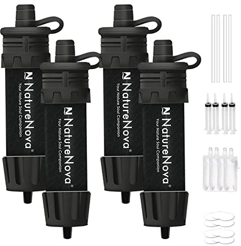 Lot de 4 mini filtres à eau NatureNova - Système de filtration d'eau d'urgence portable - Pour randonnée, camping, survie - Noir