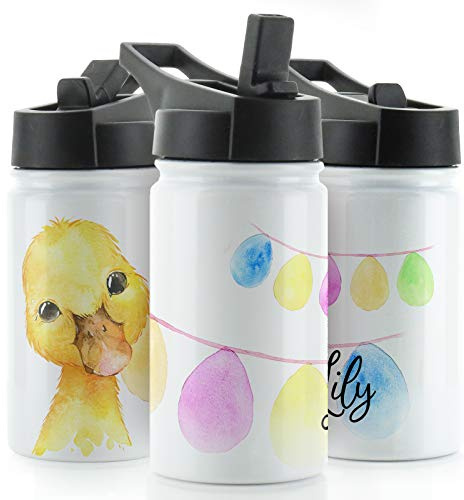 Hairyworm Personalised Water Bottle, 350ml White Sports Flask with Straw Cap Flip Lid, Stainless Steel, Customised with Initial/Name, Yellow Duck Multicolour Buntin Design Print