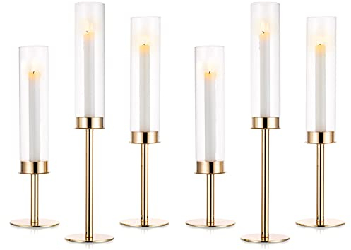 NUPTIO Kerzenständer Glaszylinder für Kerzen Gold: 6 Stücke Hochzeit Kerzenhalter Glas Stabkerzen Metall Groß Bodenlosen Zylinder Kerzen Windlicht Party Tisch Tafel Tafelaufsatz Esszimmer Deko