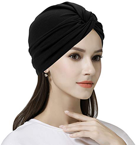 Turban Damen Mode Kappe Afrikanisch Kopftuch Kopfwickel Mütze Vorgebunden Knot Schlafhut Baumwolle Turbanhut Elasitisch Schlafmütze Plissee Kopfbedeckung für Haarverlust Schlafen Freizeit Schwarz