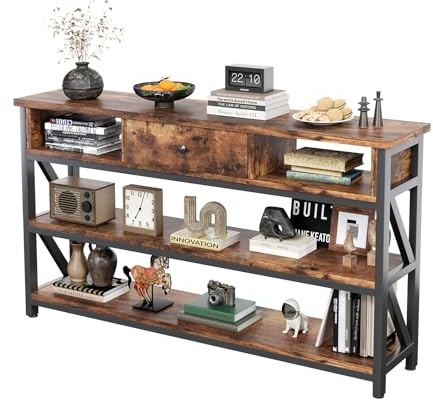 Mexin Console Table with Drawer Shelves, Entryway Table with 3 Tier Storage Shelves, Industrial Wood Hallway Sofa Table for Living Room, Couch, Foyer, Kitchen Counter, 47 Inch Rustic Brown