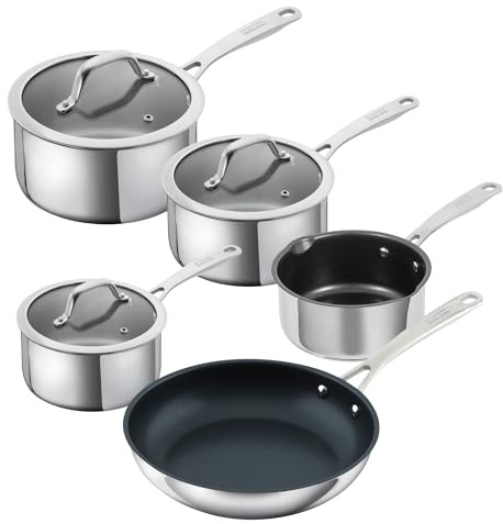 Kuhn Rikon 5-Piece Stainless Steel Cookware Set, Induction Pans with Lids | Includes 1.5L, 2.3L & 3L Saucepans, 1.5L Milk Pan & 24cm Non-Stick Frying Pan, Stay-Cool Handles, Oven Safe 240 C - Allround