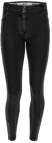 FREDDY - Jeggings Push Up Wr.up® Vita Alta 7/8 Con Zip Sul Fondo, Donna, Denim Nero, Extra Small