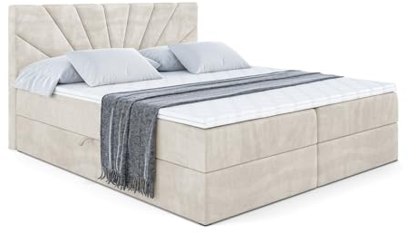 ALTDECOR Boxspringbett mit Matratze und Lattenrost, Boxbett, Topper, Polsterbett mit Bettkasten, Bett mit Stauraum H4-Matratze, Doppelbett, Springboxbett - MILTIO - 160x200 Beige Samt