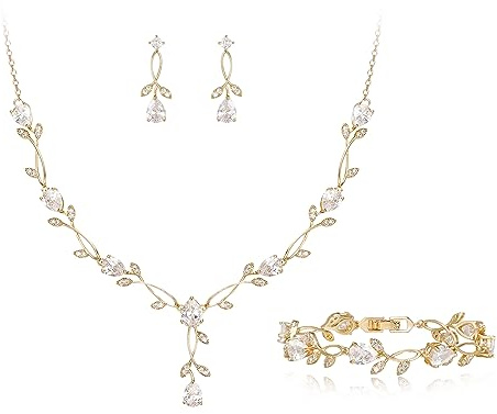 Ever Faith Bridal Jewelry Set for Bride Bridesmaid, Elegant Teardrop Cubic Zirconia Flower Leaf Vine Wedding Prom Necklace Dangle Earrings Bracelet Set for Women