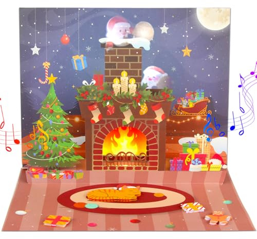 WUJUN Musikalische Weihnachtskarte, 3D Weihnachten Pop Up Karten mit Lichtern und Musik von Frohe Weihnachten, doppelseitiges Muster Design Urlaub Grußkarte (Weihnachtskamin)