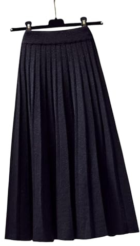TEidea Women'S Skirts High Waist Knitted Black Maxi Skirt, Autumn And Winter Black And White Pleated Midi Skirt-Black-One Size