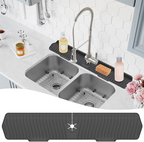 30 inch Sink Splash Guard Mat,Silicone Faucet Mat, kitchen Faucet Drain Mat,Silicone Faucet Handle Drip Catcher Tray for Kitchen Bathroom, Silicone Draining Mat Black