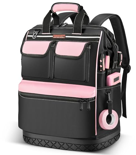 LOKASS Pinke Werkzeugtasche für Damen, weit geöffneter Werkzeugrucksack mit doppeltem Metall-Reißverschluss, wasserdichte Werkzeugaufbewahrung, Tragetasche für Arbeiterinnen, große Kapazität