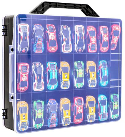 ZUIKAKU Double Sided Toy Storage Case for 48 Hot Wheels, Matchbox Cars, Mini Toys, Small Dolls - Portable Transparent Case with 48 Compartments (Black)