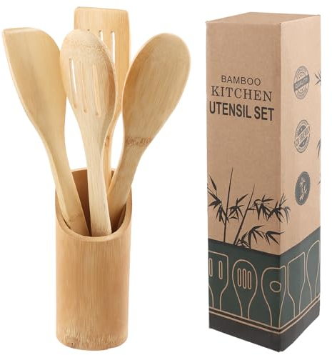 Set de Cucharas de Madera de Bambú con Contenedor - Utensilios de Cocina Sostenibles - Kochlöffel, Pfannenwender, Lochkelle, Aufbewahrungsbehälter