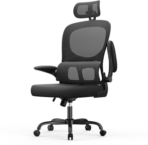 rattantree Ergonomischer Bürostuhl, Schreibtischstuhl mit Verstellbarer Kopfstütze und Armlehnen, C-förmige Lordosenstütze, Drehstuhl mit Rollen für das Home Office, Schwarz