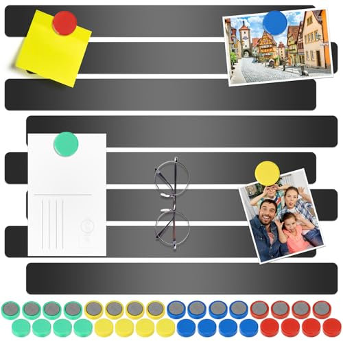 Wukong 8 Stück Magnettafel Memotafel, 30x3cm Schwarz Selbstklebend Magnetleisten mit 32 Stück Runden Starke Magnete für Büro, Pinnwand, Fotowand, Dokumente und Kühlschrank