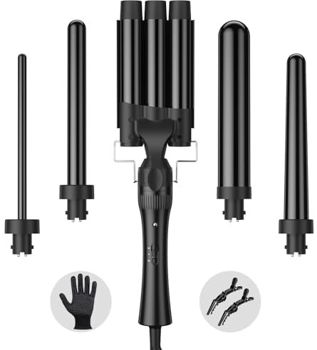 Hair Waver Curling Wand Iron Tong, Chopstick, 5 in 1 Hair Curler for Long Hair 10mm-32mm with 2 Crocodile Clips 1 Anti-Scald Silicone Gloves, PTC Ceramic Triple Barrels LCD 180°C & 210°C