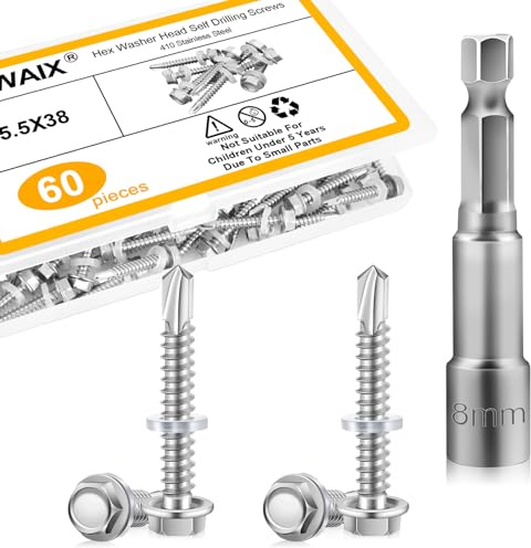 Trapezblechschrauben Spenglerschrauben mit Dichtscheibe 5.5×38 60Stk Selbstschneidende Schrauben Edelstahl Selbstschneidende Bohrschrauben Metalldachschrauben mit Unterlegscheibe Sechskant