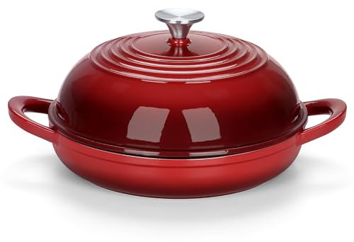 E-far Horno holandés para hornear pan de masa madre, horno holandés redondo de hierro fundido esmaltado de 6 cuartos de galón para pan artesanal casero, tapa de cúpula y base poco profunda, interior