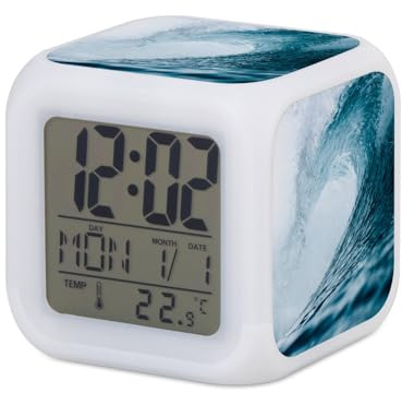 Fabulous Wecker, Würfel, beleuchtet, Weiß – Welle Meer Ozean Wasser Foto Marine Taucher Surfen Bali – 7,8 x 7,8 x 7,8 cm – Retro Beleuchtung mehrfarbig LED