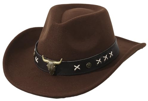 Vintage Western Cowboy Hat with Leather Bull Head Band Wool Felt Wide Brim Stylish Cowboy Hat for Men and Women Elegant Breathable Sun Protection Durable Cowboy Accessories Retro Design(Brown)