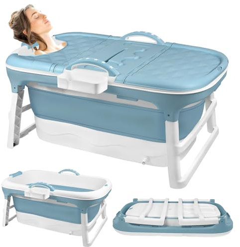 Baignoire pliable pour adulte - 128 x 62 x 52 cm - Baignoire mobile pliable avec couvercle - Avec panier à savon - Roulettes de massage - Idéale pour les petites salles de bains