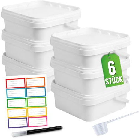 Üka Packung 6 weiße Polypropylen-Würfel mit Deckel 2,5 L - 20x20x11 cm. | Eimer aus Robustem Kunststoff. Luftdichte Behälter für Lebensmittel. Leere Eimer mit Henkel. Stapelbares Design Frei von BPA.