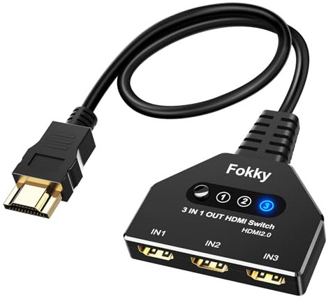 FOKKY Commutateur HDMI 4K, Répartiteur HDMI Automatique/Manuel, plaqué Or, 3 en 1, 3 Ports, Prend en Charge 4K/3D/Uhd/HD/1080P pour Xbox PS4 Ps3 Blu-Ray Firestick HDTV