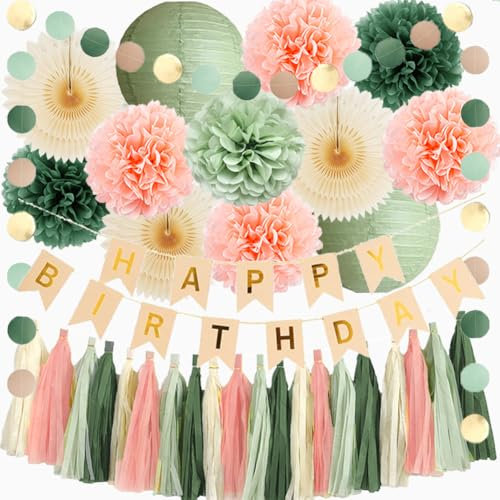 Sage Green and Peach Birthday Decorations Boho Beige Peach and Olive Green Birthday Decorations for Women Girls Cream Fans Pom Poms Sage Olive Pink Cream Tassel Garland Party with Banner Beige Gold