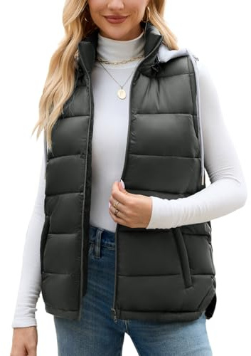 Vancavoo Chaleco Acolchado Mujer con Capucha Invierno Chaqueta sin Mangas Abrigos Chaleco de Forro Outwear Con Cremallera,Gris oscuro,XXL