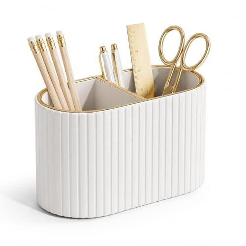 KINGFOM Stifte Organizer, Ovaler Stiftehalter Schreibtisch, 2 Taschen Stiftebox Stifteköcher, PU Leder Schreibtisch Organizer Stifte für Büro/Zuhause (Elfenbeinweiß)