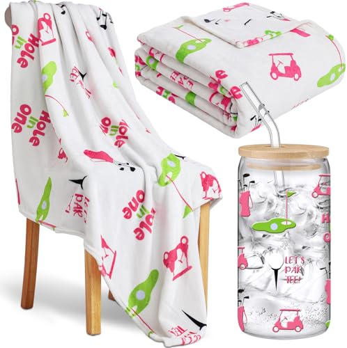 Golf Gifts for Women Pink Golf Glass Cup and Throw Blanket Set Hole in One Let's Par Tee Party Favors Sport Stuff Gift for Sport Lover Women Golfers Mothers Day Birthday Bachelor Party Supplies Favors