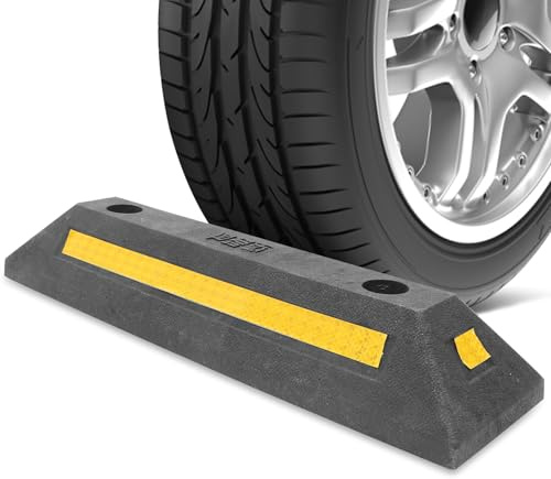 TOGEVAL Fermaruota Garage in Gomma Rinforzata con Riflettente Alta Visibilità Blocco Parcheggio Antiscivolo e Preforati per Fissaggio Uso Industriale e Commerciale Modello