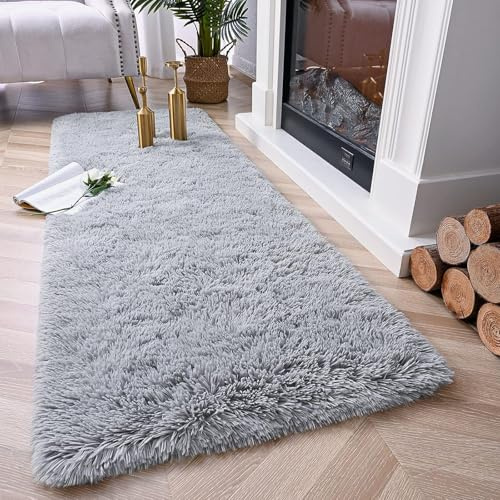 ANJIAJIE Hochflor Flauschig Teppich 65 x 130 cm Langflor Weich Soft Modernes Einfarbiges Design Lange Plüsch Weicher Teppiche für Schlafzimmer Küche Geeignet, Grau