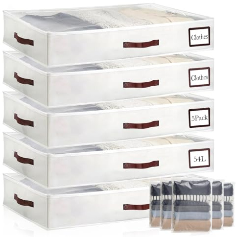 CareLoom 5 stycken förvaringslådor för undersängar, vikbara undersängbord med 5 blixtlåspåsar, läderhandtag, PVC-fönster och etiketthållare, förvaring under säng, sänglåda för kläder, skor, sängkläder