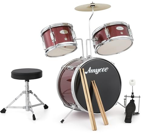 Garvee 3-Piece Junior Drum Set for Beginners, Complete Kit with Cymbals, Throne Stool & Pedal, Wood & Metal Construction, Acoustic Drum Set for Home Practice, Learning & Gifts, Red
