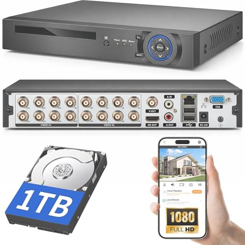 16 Channel CCTV Camera System Surveillance Video Recorder - Hybrid Security Video Recorder with 1TB Hard Drive, Supports 5MP/4MP/1080P AHD/TVI/CVI/IP Cameras, 5MP H.265+DVR, 24/7 Recording